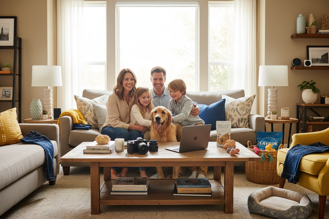 Family at home with electronics